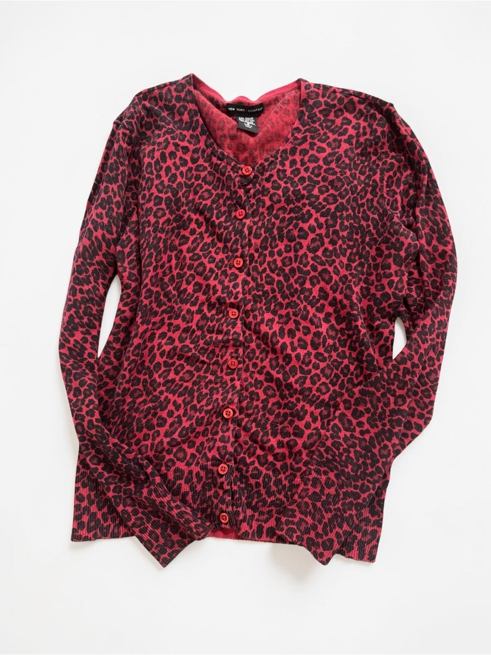 New York & Company Y2K Red Leopard Print Cardigan Button-Front S